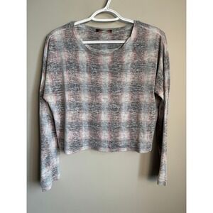 Gaze USA Plaid Crop Top Long Sleeve Knit Shirt Small Grunge Indie Preppy Light